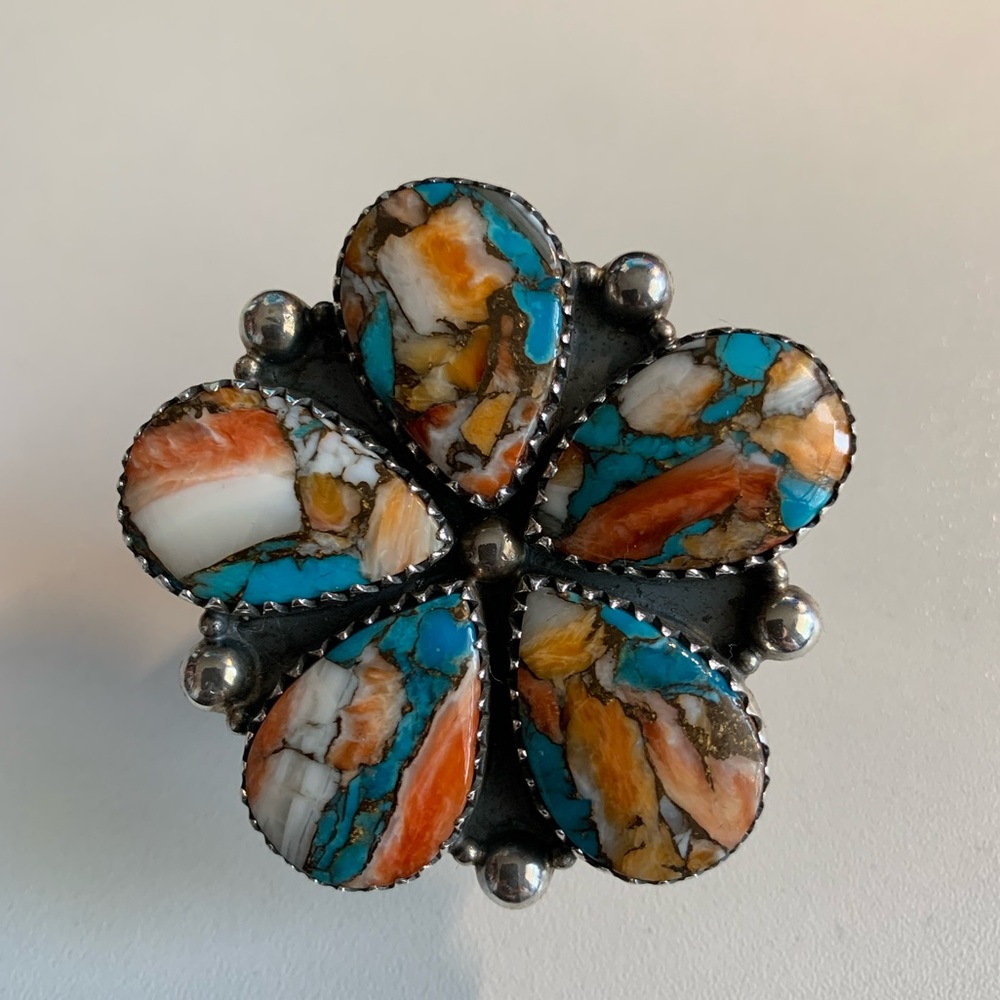 Sterling Silver Summertime Spiny Oyster & Copper Infused Turquise Flower Ring